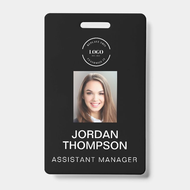 Simple Business Logo QR code Employee photo black ID Badge (Front)