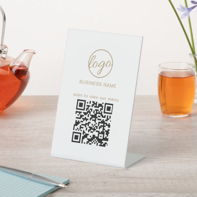 Simple Business Logo QR Code Restuarant Menu Gold Pedestal Sign (In SItu)