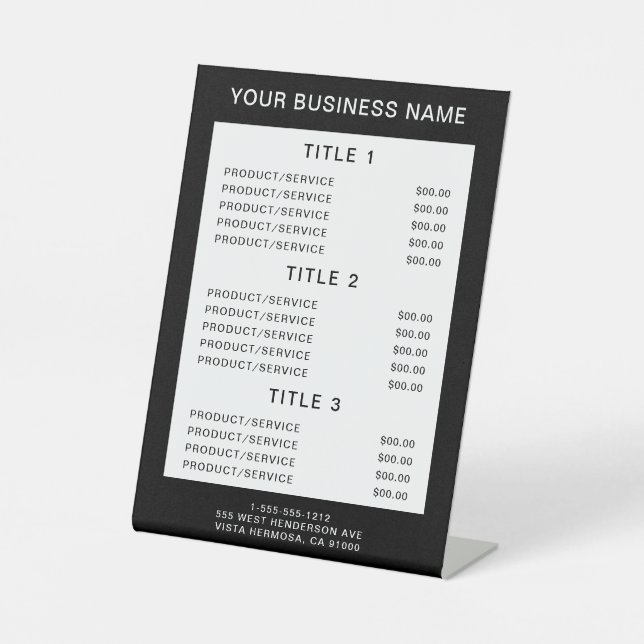Simple Business Price List Black White Pedestal Sign (Front)