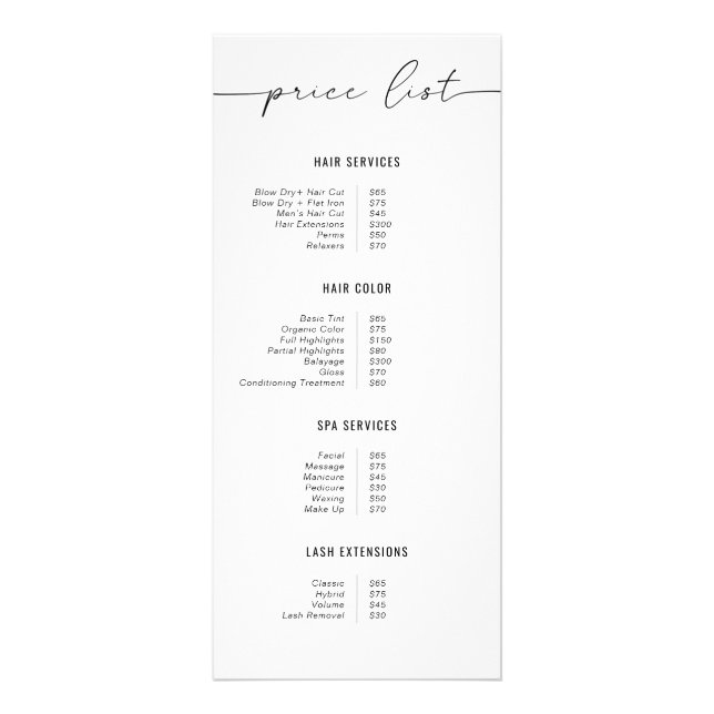 Simple Business Pricing Guide List | Beauty Salon Rack Card (Front)