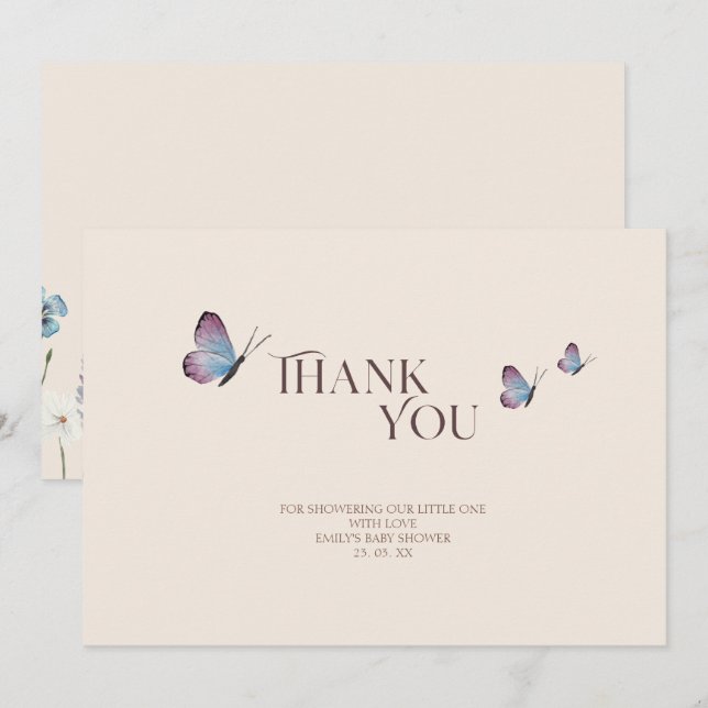 Simple Butterflies & Wildflowers Baby Shower Thank You Card (Front/Back)