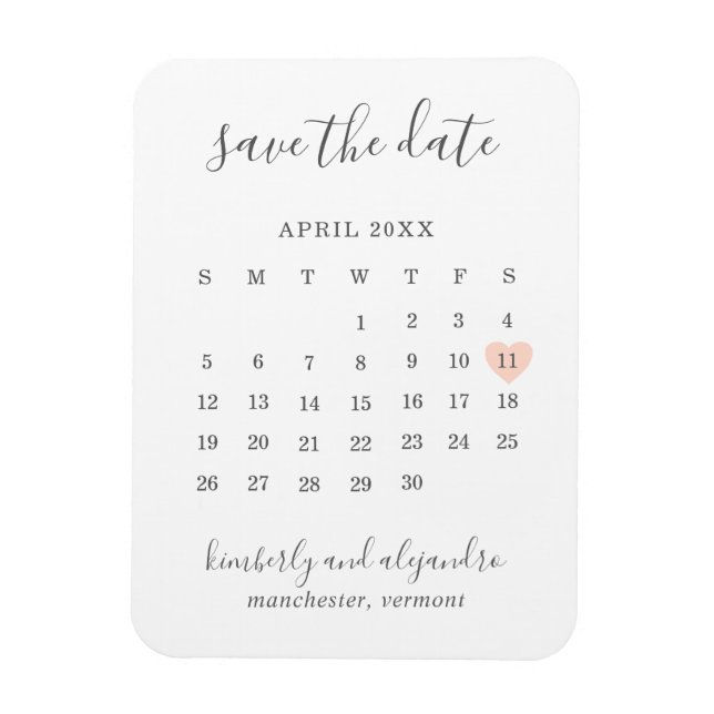 Simple Calendar Pastel Peach Heart Save the Date Magnet (Vertical)