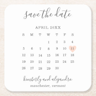 Simple Calendar Pastel Peach Heart Save the Date Square Paper Coaster