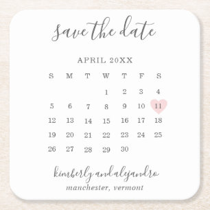 Simple Calendar Pastel Pink Heart Save the Date Square Paper Coaster