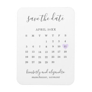 Simple Calendar Pastel Purple Heart Save the Date Magnet