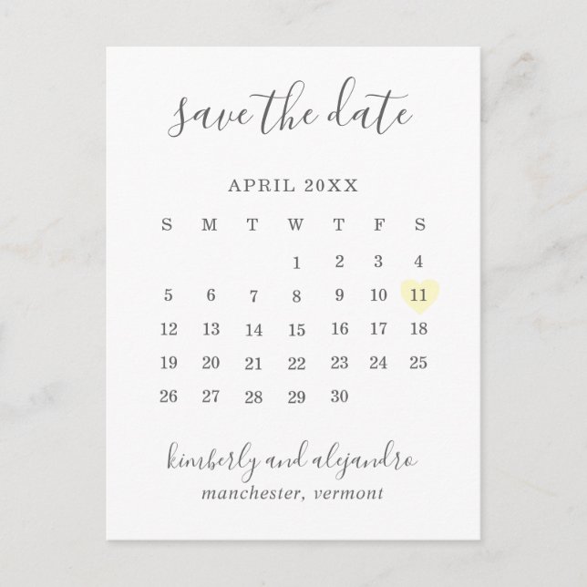 Simple Calendar Pastel Yellow Heart Save the Date Announcement Postcard (Front)