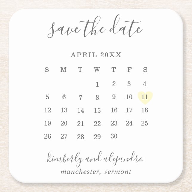 Simple Calendar Pastel Yellow Heart Save the Date Square Paper Coaster (Front)