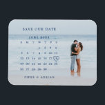 Simple Calendar Photo Wedding Save the Date Magnet<br><div class="desc">Save the date magnets featuring a simple navy blue calendar with the words, "Save Our Date" and a heart surrounding your date, over your favorite horizontal full bleed photo. This design is perfect for a beach wedding in the summer. DESIGN TIPS: 1. For best results, use a picture with a...</div>