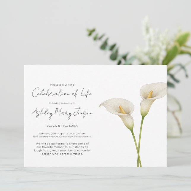 Simple Calla Lily Celebration of Life Funeral Invitation (Standing Front)