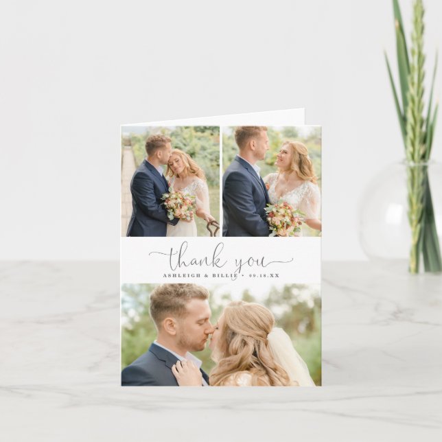 Simple Calligraphy 3 Photo Collage Thank You Card (Front)