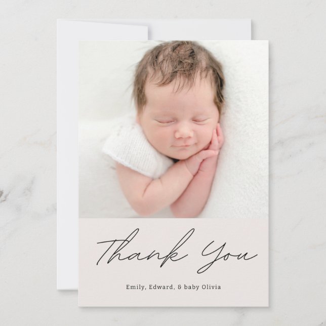 Simple Calligraphy Baby Shower Photo Thank You Card (Front)