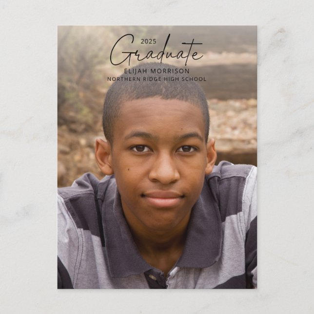 Simple Calligraphy Black Overlay Photo Graduation Postcard (Front)