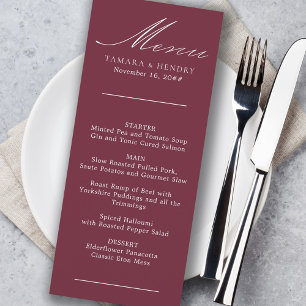 Simple Calligraphy Burgundy Wedding Menu