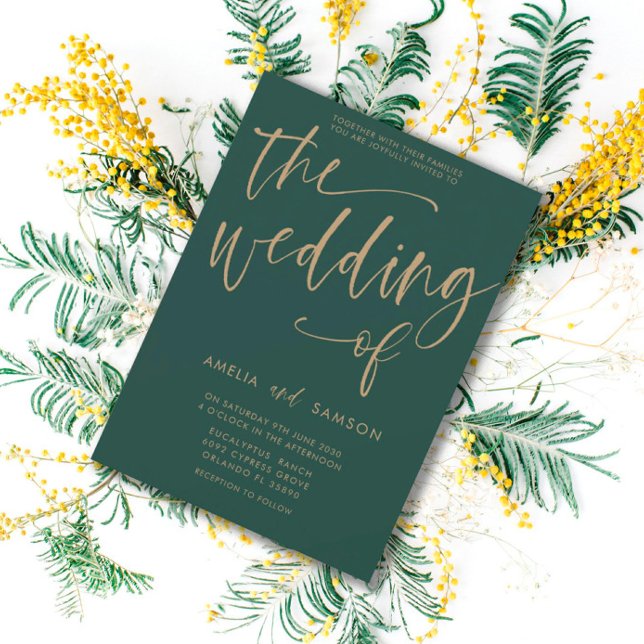Simple Calligraphy Emerald Green & Gold Wedding Invitation (Creator Uploaded)