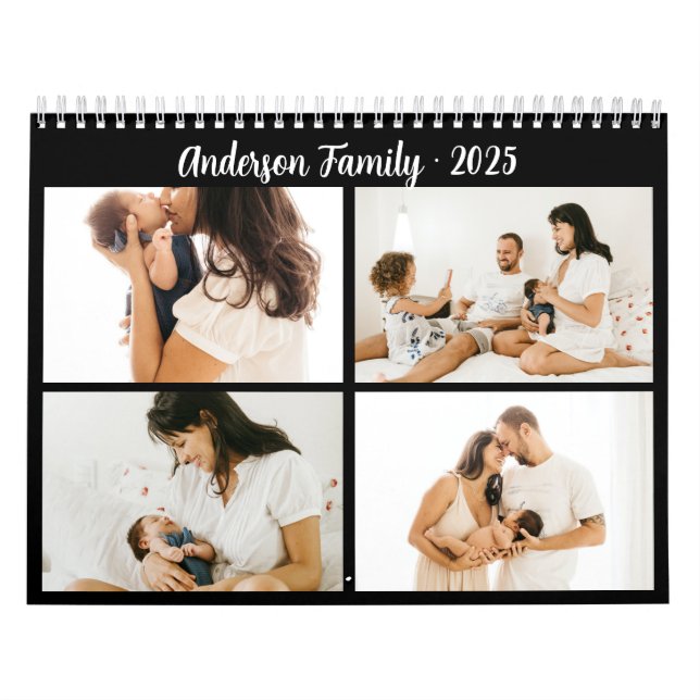 Simple Calligraphy Family Photo Collage Black Calendar (Cover)