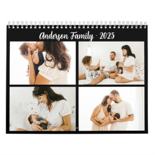 Simple Calligraphy Family Photo Collage Black Calendar