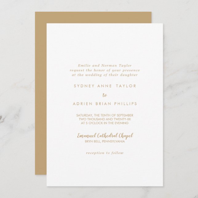Simple Calligraphy|Gold Back Traditional Wedding Invitation (Front/Back)