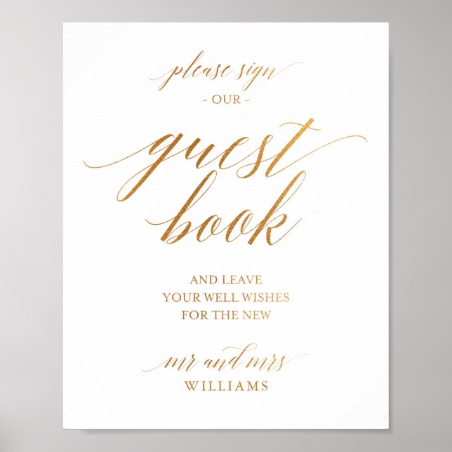 Simple Calligraphy Gold Wedding Guest Book Sign (Front)