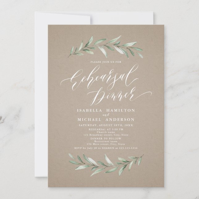 Simple calligraphy greenery rehearsal dinner invitation (Front)