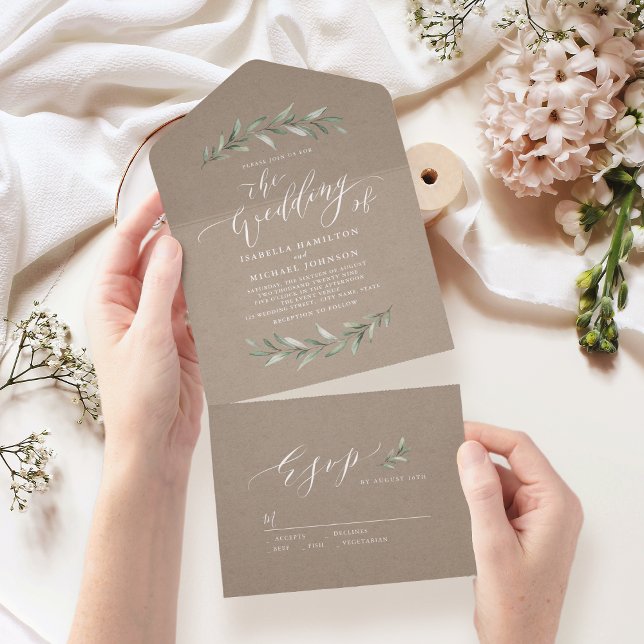 Simple calligraphy kraft rustic greenery wedding  all in one invitation (Simple calligraphy kraft rustic greenery wedding all in one invitation)