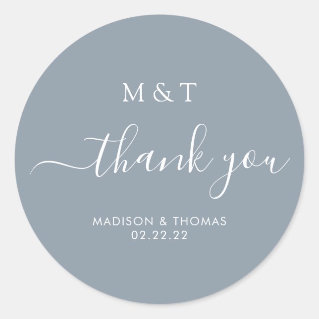 Simple Calligraphy Monogram Dusty Blue Wedding Classic Round Sticker (Front)