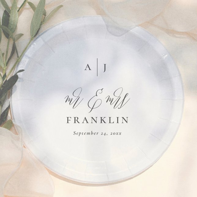 Simple Calligraphy Monogram Mr & Mrs Wedding Paper Plate (Creator Uploaded)