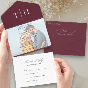 Simple Calligraphy Photo Burgundy RSVP Wedding All In One Invitation