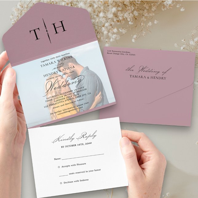 Simple Calligraphy Photo Dusty Rose RSVP Wedding All In One Invitation (Creator Uploaded)