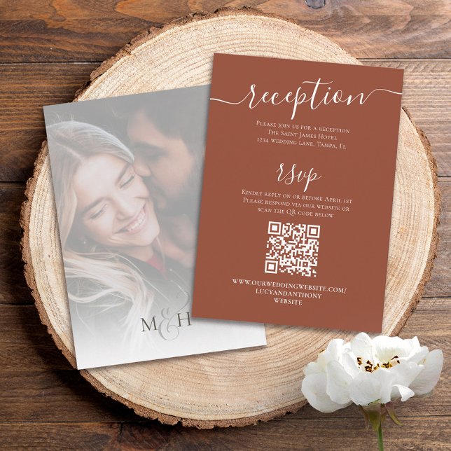 Simple Calligraphy Photo Terracotta | QR Code RSVP Enclosure Card (Creator Uploaded)