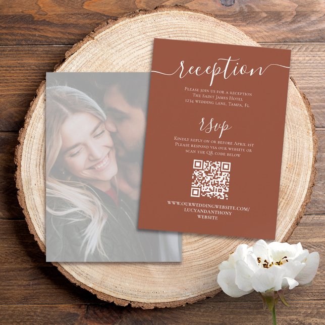 Simple Calligraphy Photo Terracotta | QR Code RSVP Enclosure Card (Creator Uploaded)