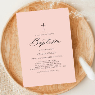 Simple Calligraphy Pink Baby Girl Baptism  Invitation
