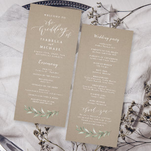 Simple calligraphy rustic greenery wedding program