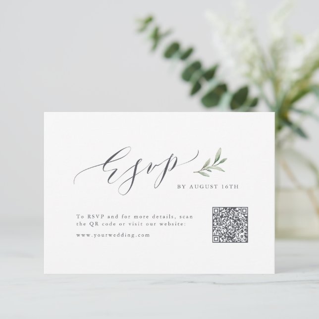 Simple calligraphy rustic greenery wedding QR code RSVP Card (Standing Front)