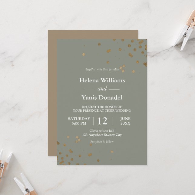   Simple Calligraphy Sage Green & Gold  Invitation (Front/Back In Situ)