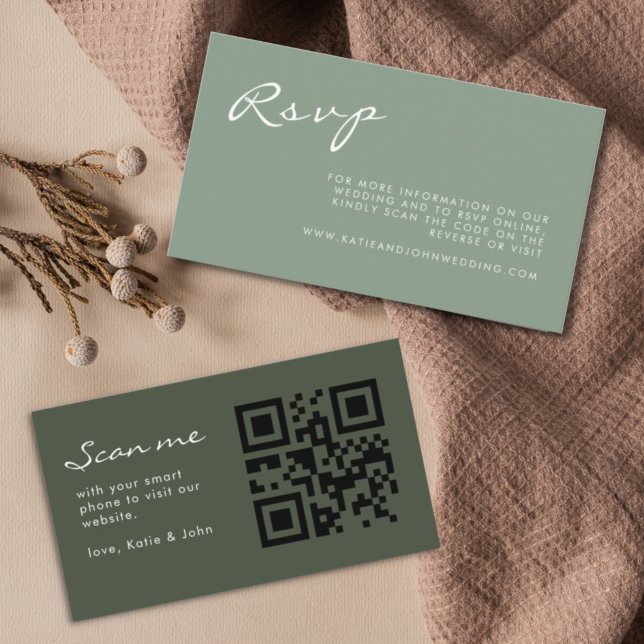 Simple Calligraphy Sage Green Wedding QR Code RSVP Enclosure Card (Creator Uploaded)