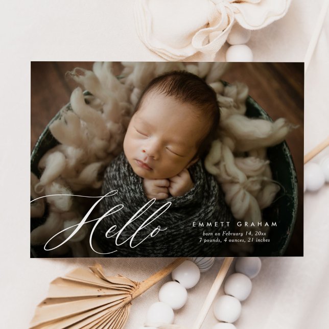 Simple Calligraphy Script Hello Photo Baby Birth Announcement (Creator Uploaded)