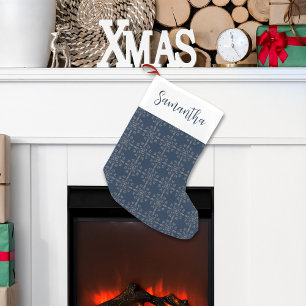 Simple Calligraphy Script Navy Silver Snowflakes Small Christmas Stocking