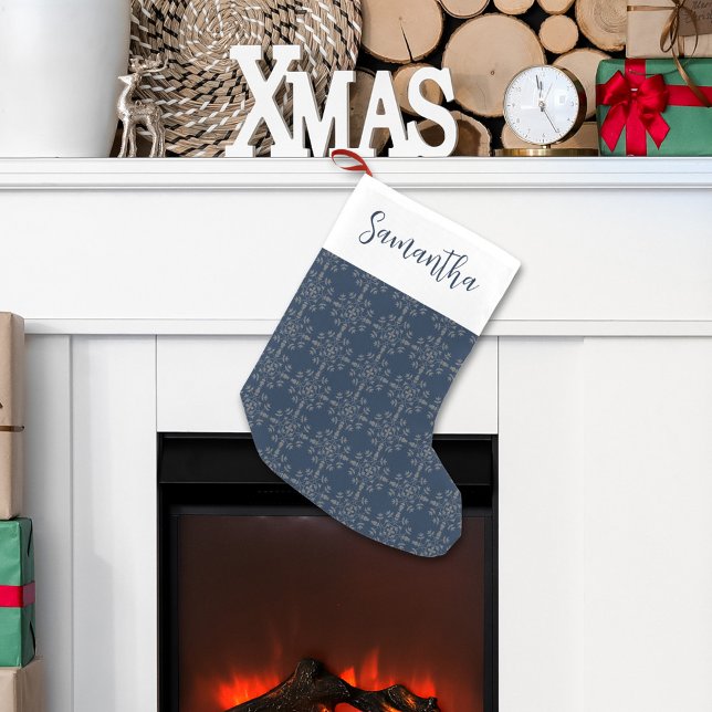 Simple Calligraphy Script Navy Silver Snowflakes Small Christmas Stocking (Navy Blue Christmas holiday silver snowflake custom stocking.)