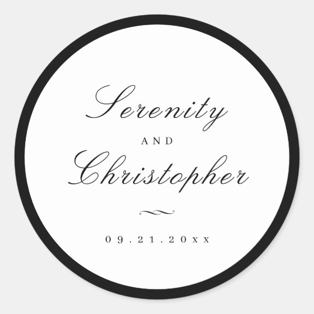 Simple calligraphy script simple wedding favours classic round sticker (Front)