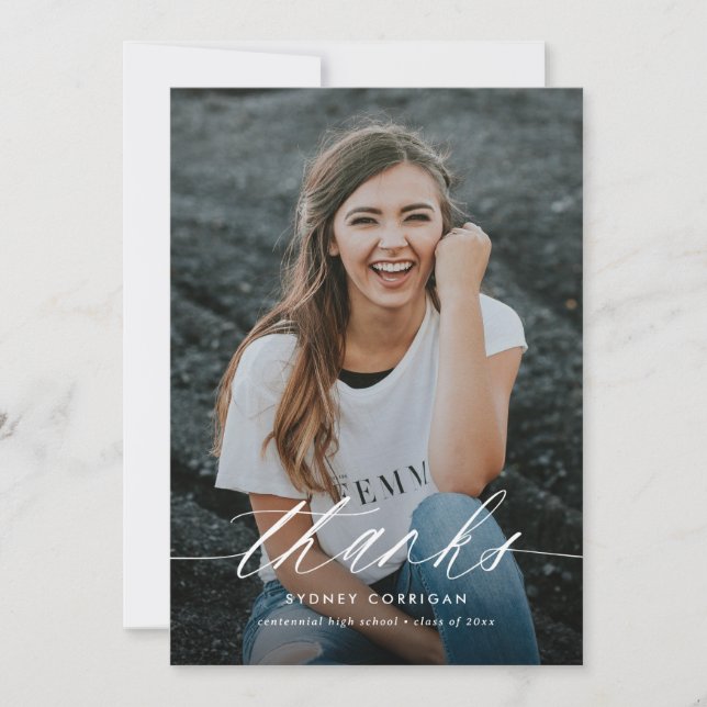 Simple Calligraphy Script Two Photo Graduation Thank You Card (Front)