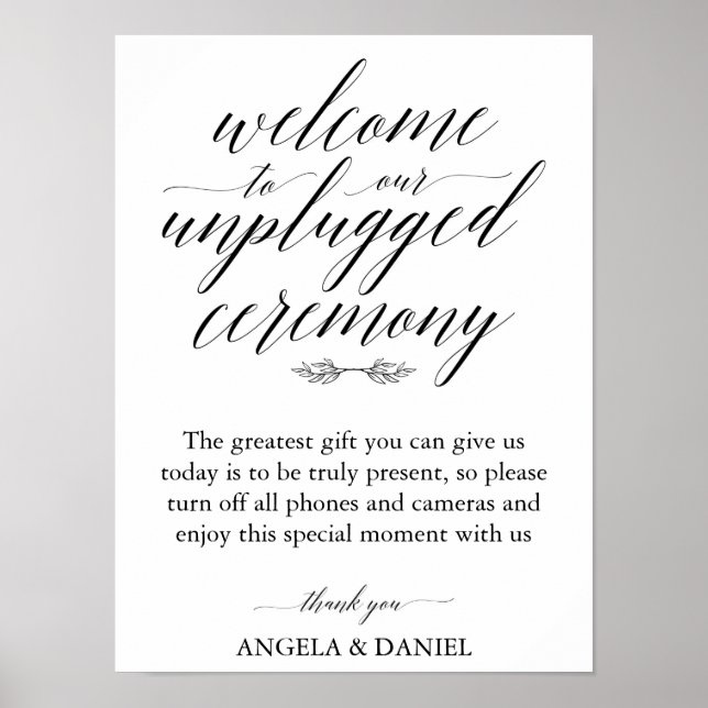 Simple Calligraphy Script Unplugged Wedding Sign (Front)