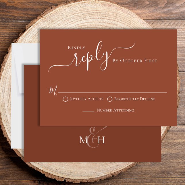 Simple Calligraphy Terracotta Classic Guest RSVP (Beautiful terracotta wedding rsvp, traditional RSVP choice options on the front. )