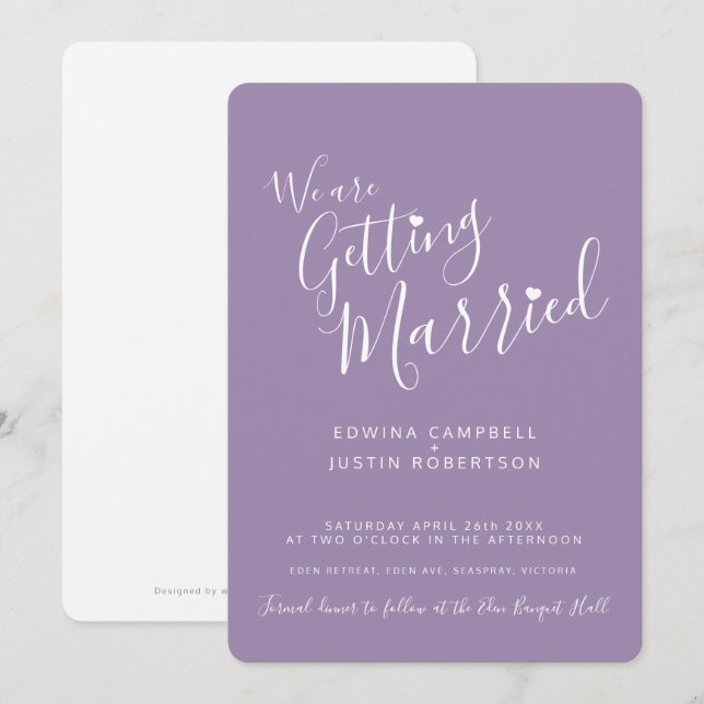 Simple calligraphy text purple white heart wedding invitation (Front/Back)