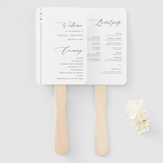 Simple Calligraphy Wedding Program Hand Fan (Front and Back)