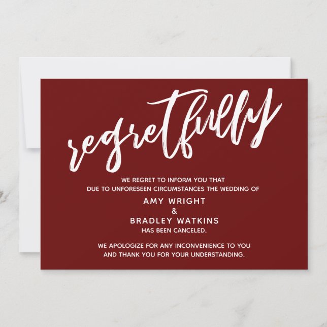 Simple Cancelled Wedding Burgundy Regretfully Card (Front)