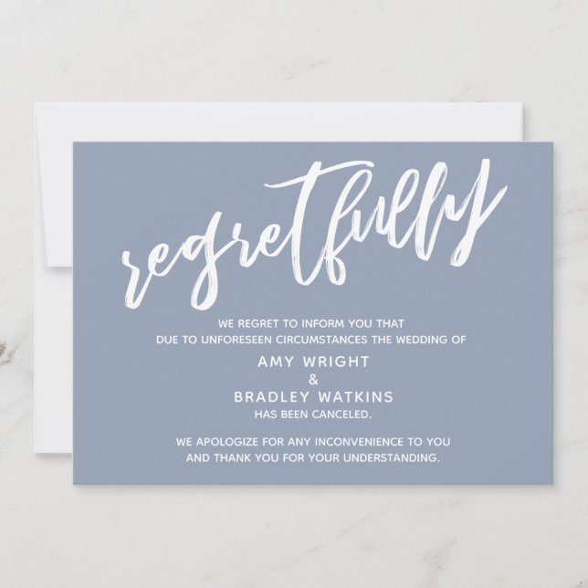 Simple Cancelled Wedding Dusty Blue Regrets Card (Front)