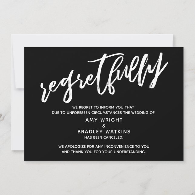 Simple Cancelled Wedding Regretfully Black Card (Front)