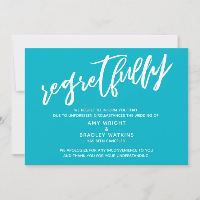 Simple Cancelled Wedding Scuba Blue Regrets Card (Front)