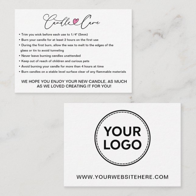Simple Candle Care Instructions / Add Your Logo  Business Card (Front/Back)