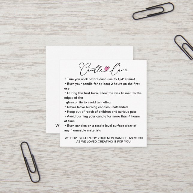 Simple Candle Care Instructions / Add Your Logo Square Business Card (Front/Back In Situ)